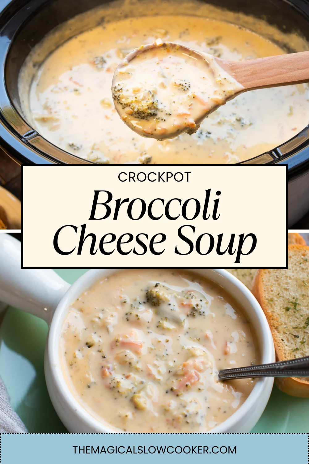 broccoli cheese soup in a slow cooker and in a bowl.