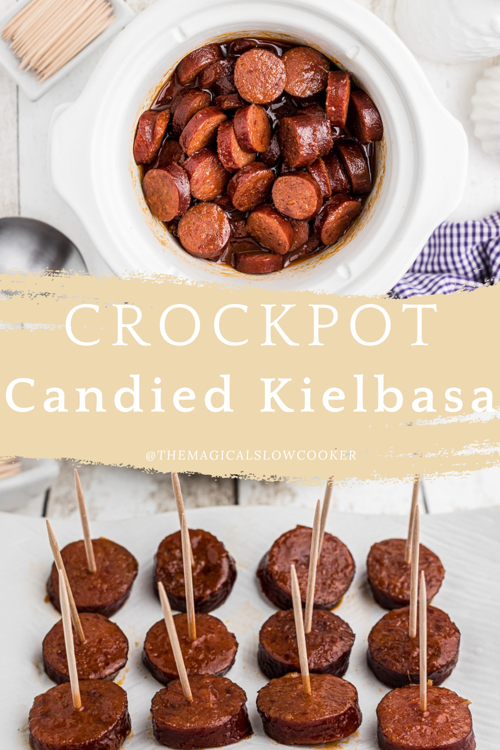 candied kielbasa in a slow cooker and on a plate.