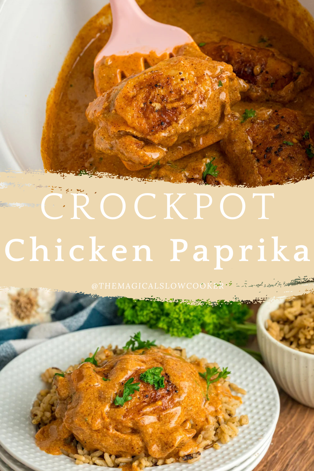 chicken paprika in a slow cooker and on a plate.