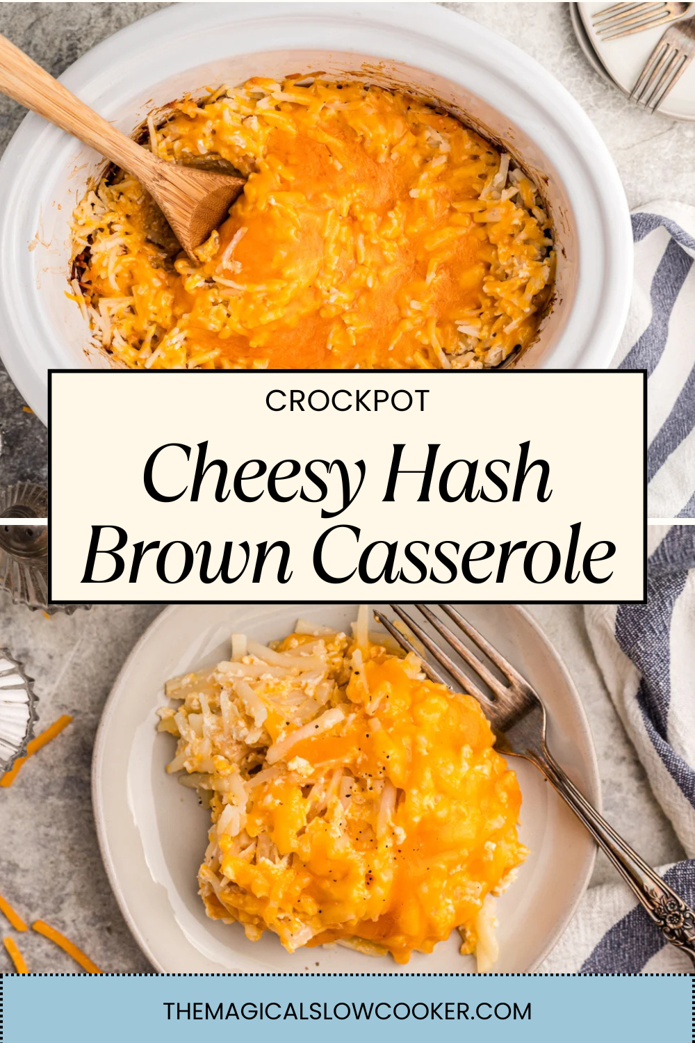 Cheesy hashbrown casserole in a slow cooker and on a plate.