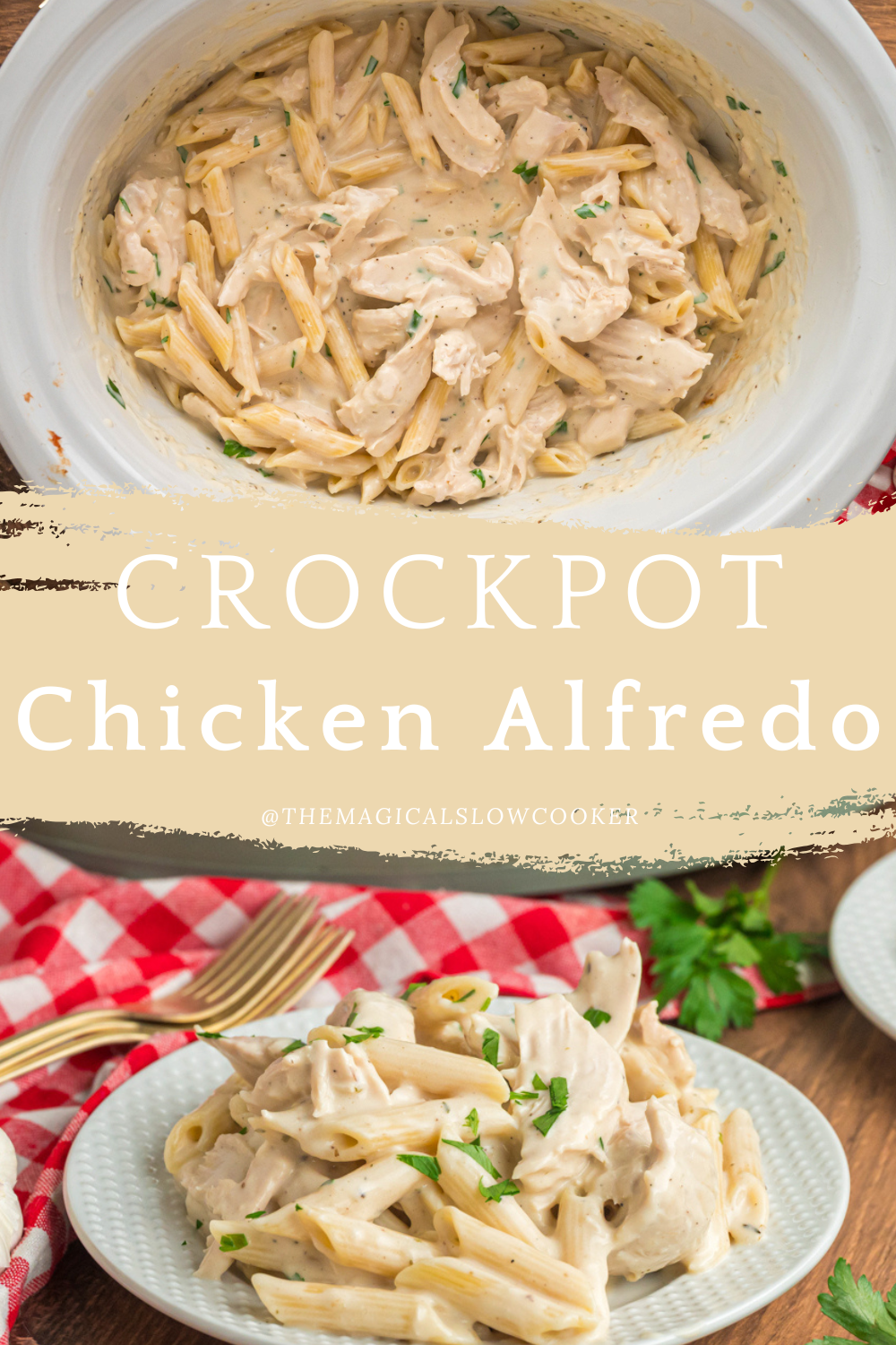 alfredo in a slow cooker and on a plate.