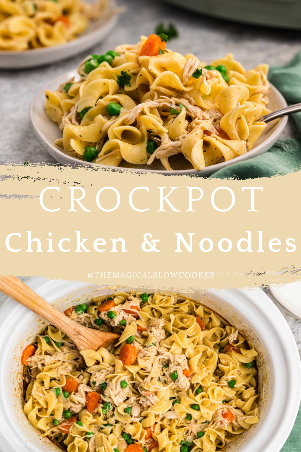 chicken with noodles in a slow cooker and on a plate.