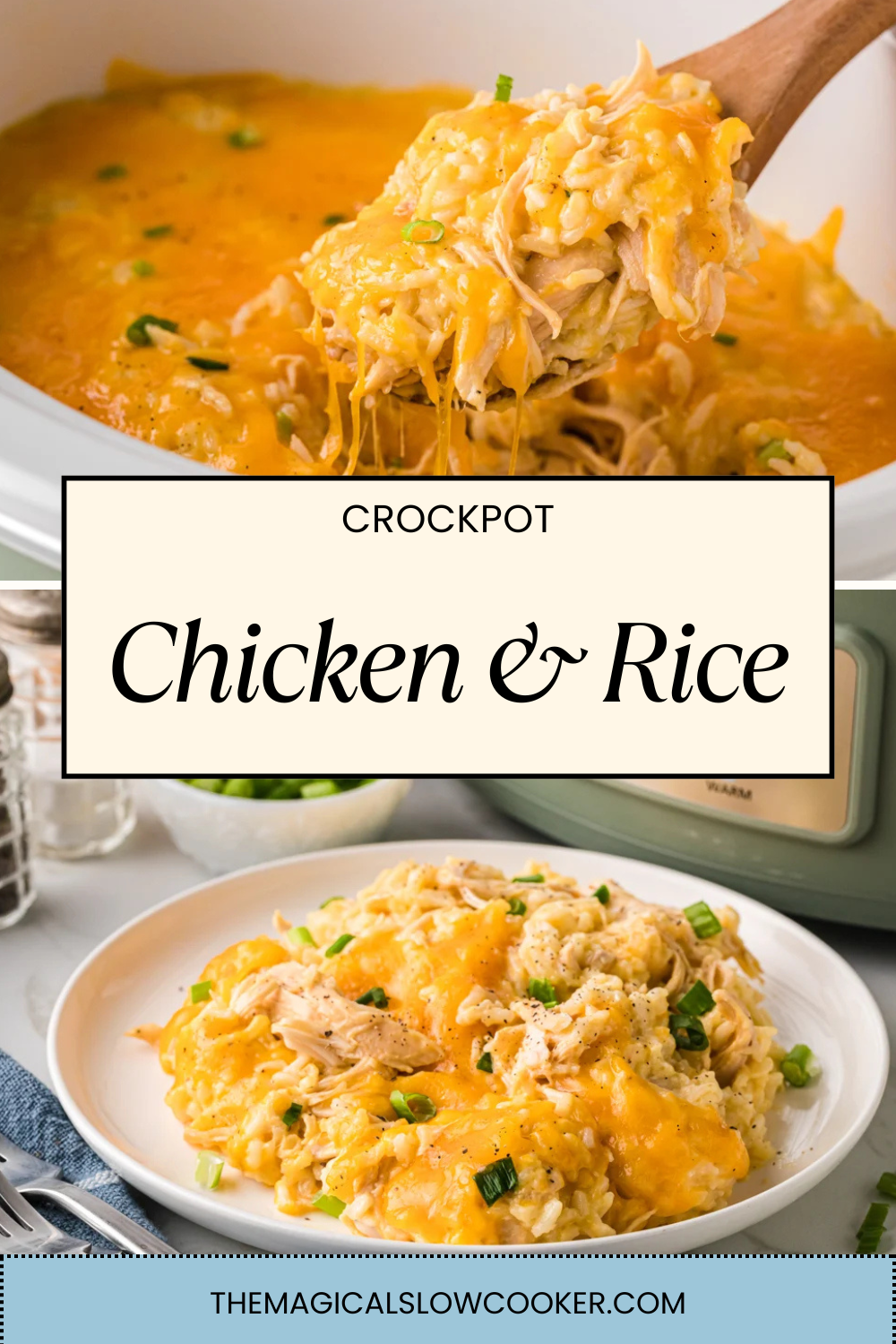 chicken and rice in a slow cooker and on a plate.