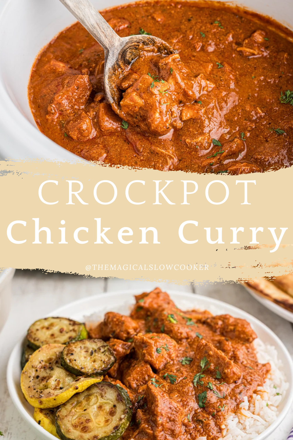 chicken curry in a slow cooker and on a plate with rice.