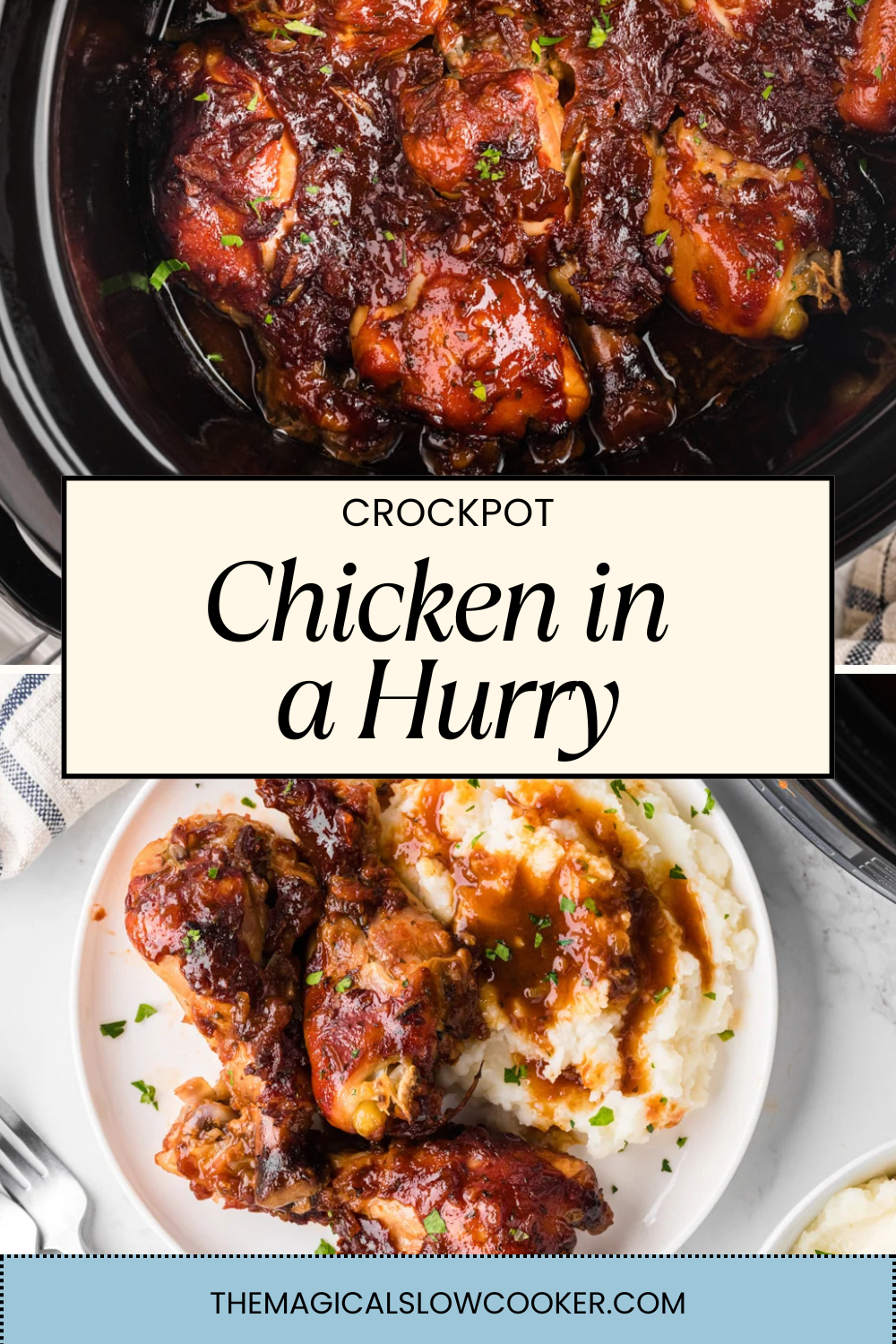 chicken and hurry on a plate with mashed potatoes and in a slow cooker.