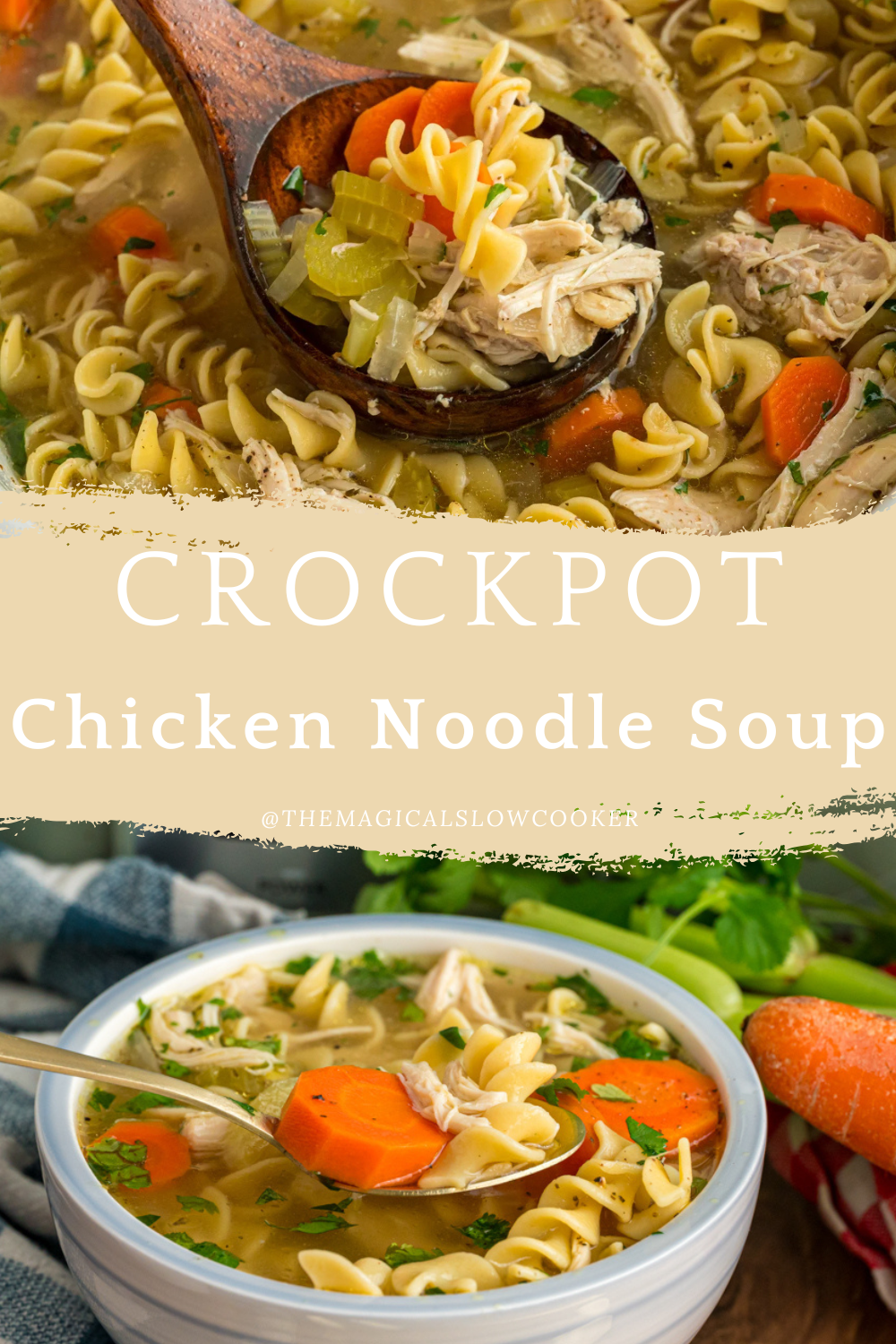 chicken noodle soup in a slow cooker and in a bowl.