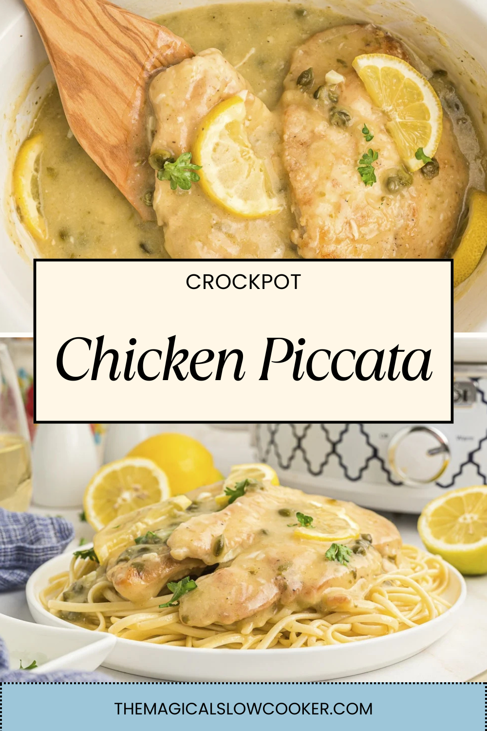 chicken piccatta in a slow cooker and on a plate.