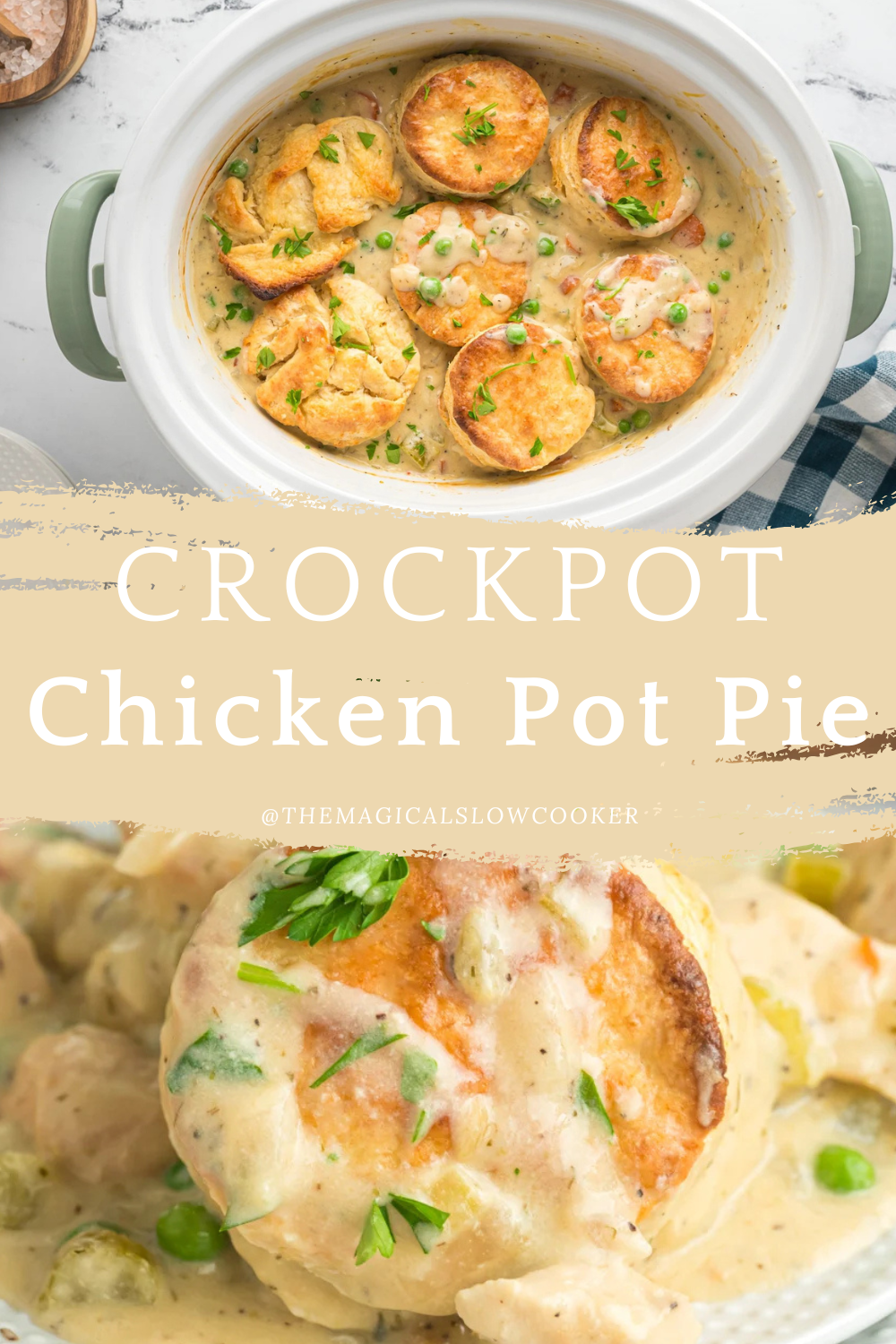 chicken pot pie in a slow cooker and in a bowl.