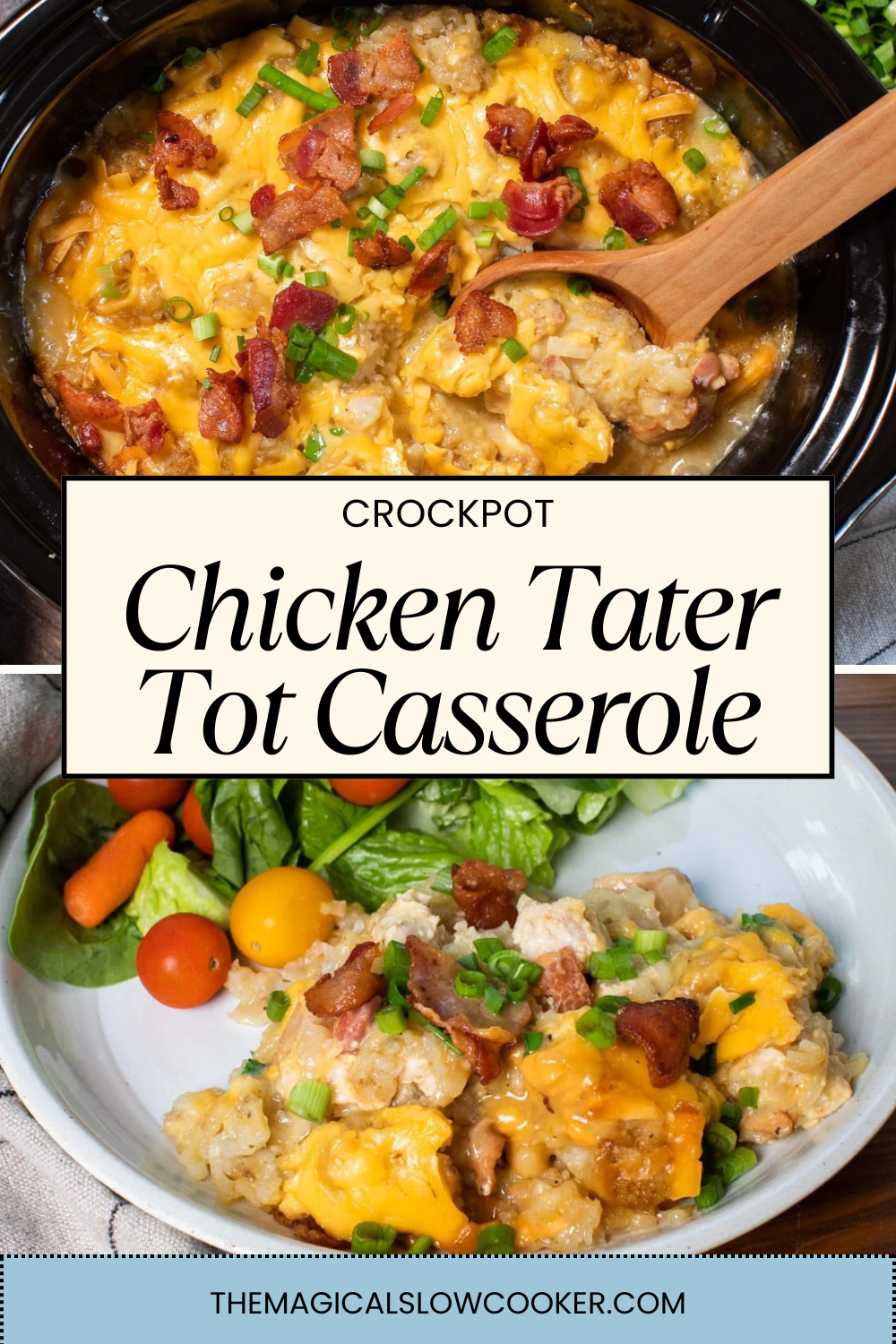 chicken tater tot casserole in a slow cooker and on a plate with fixings.