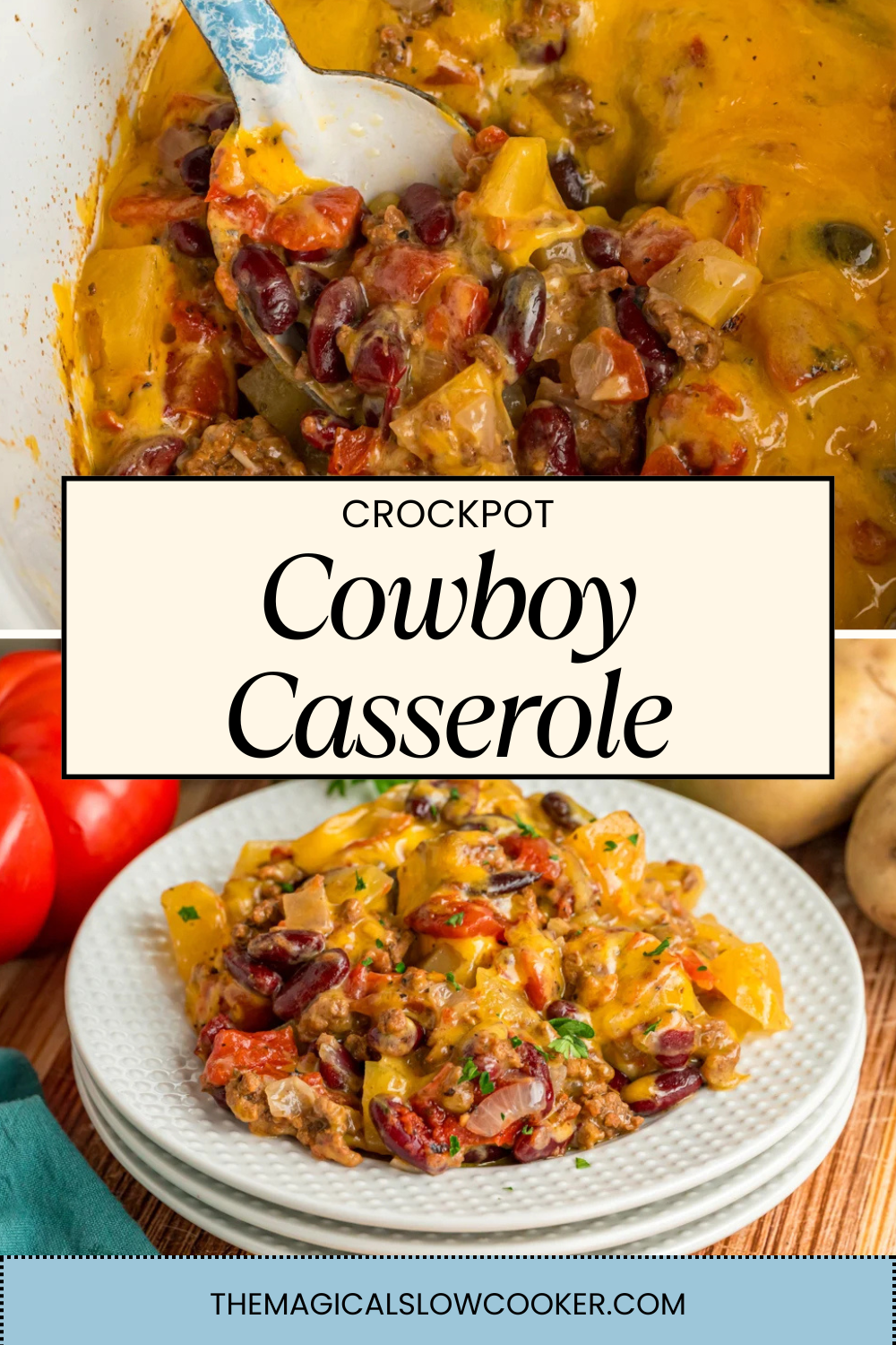 cowboy casserole on a plate and in a crockpot.