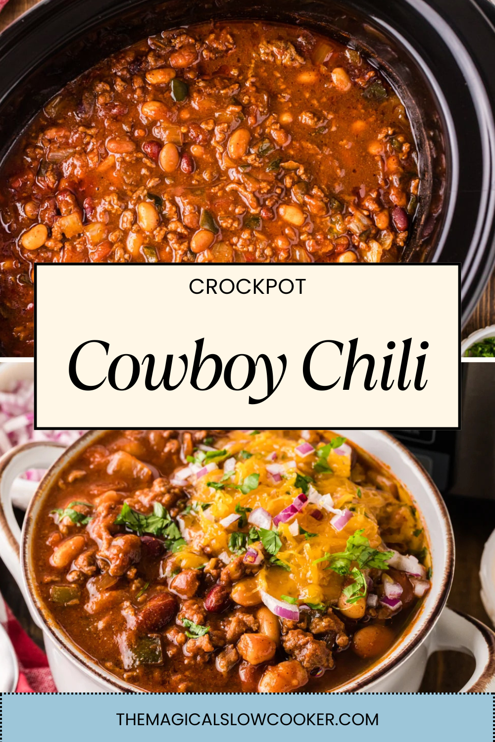 cowboy chili in a slow cooker and in a bowl with cheese.