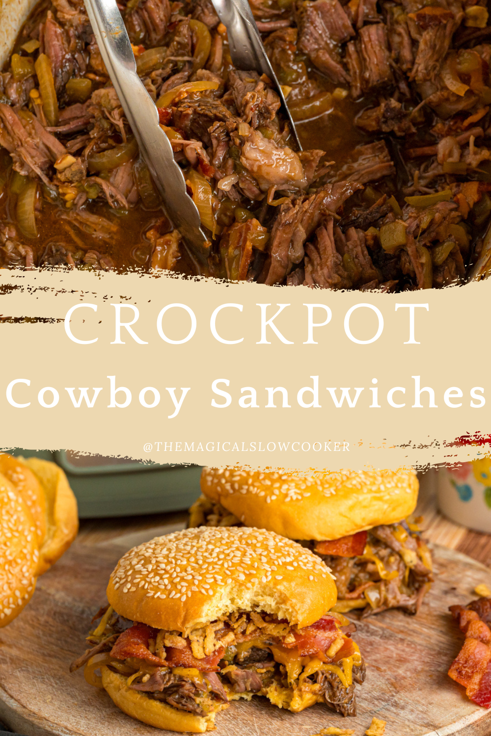 cowboy sandwich meat in a slow cooker and on a plate.