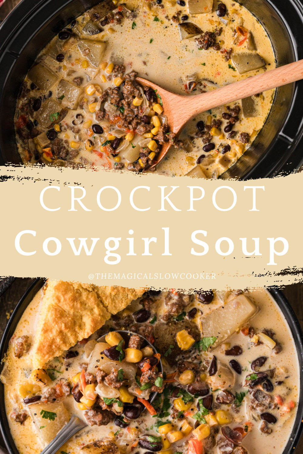 Two images of slow cooker cowgirl soup with text overlay.
