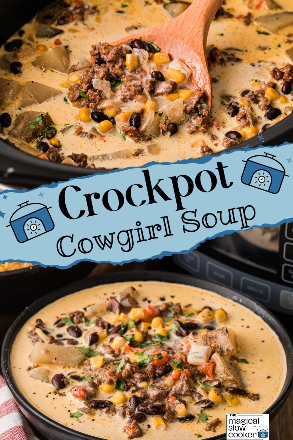 Two images of crockpot cowboy soup with title text overlay.