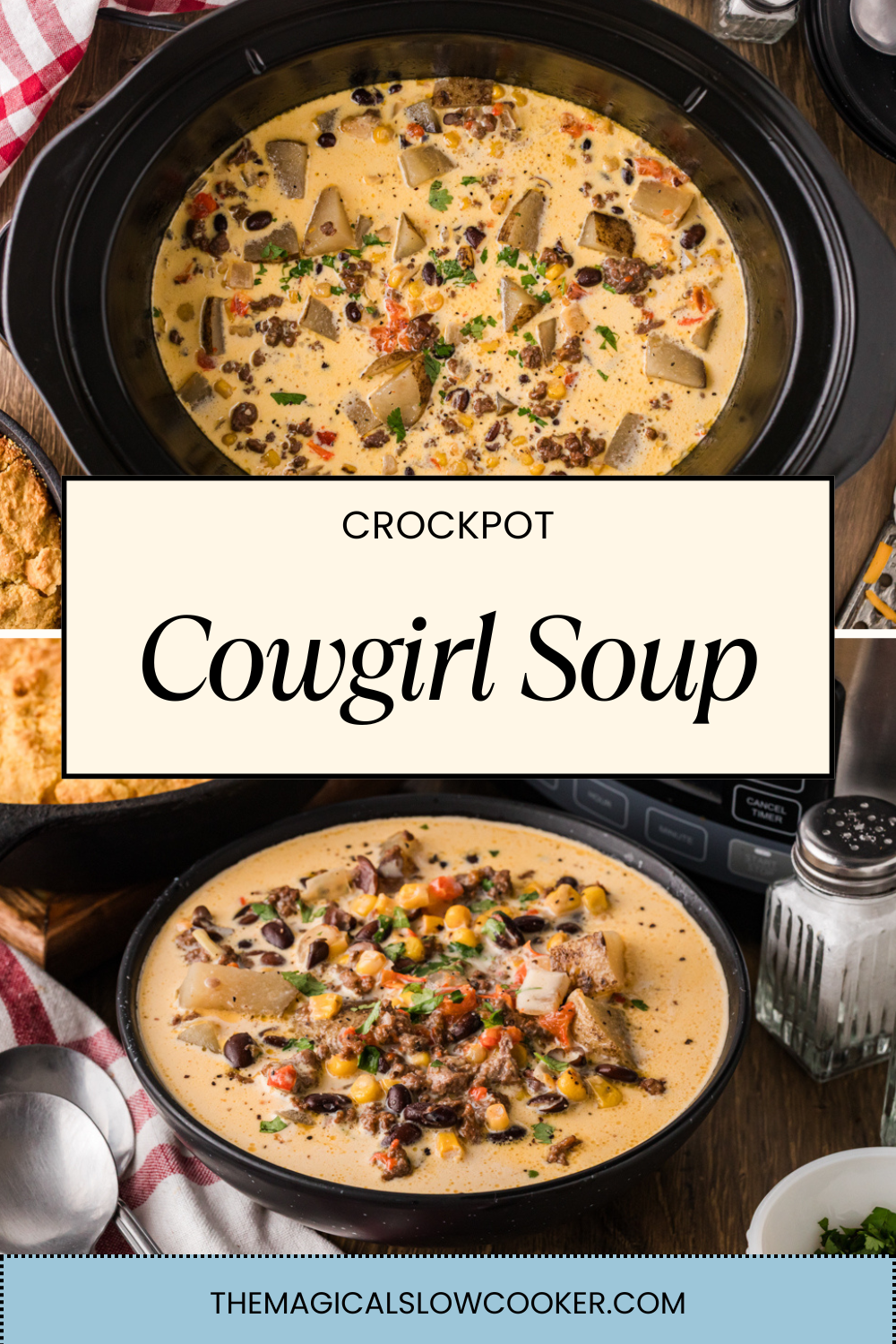 Two images of cowgirl soup with text overlay.