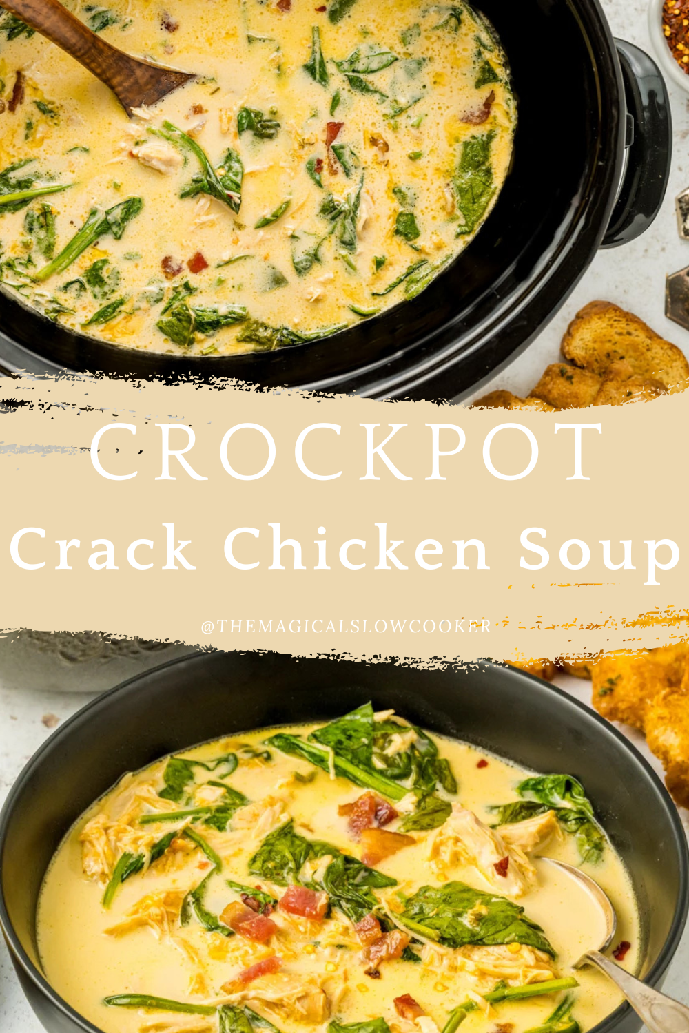 crack chicken soup in a slow cooker and in a large bowl.