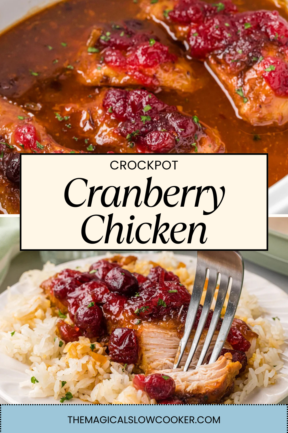 cranberry chicken in a slow cooker and on a plate.