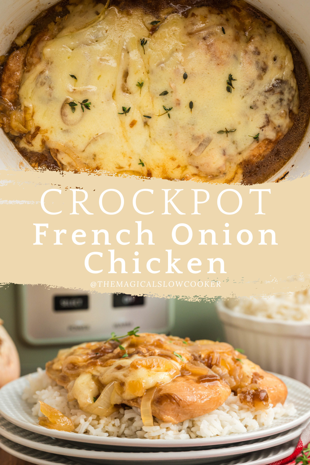 french onion chicken in a slow cooker and on a plate.