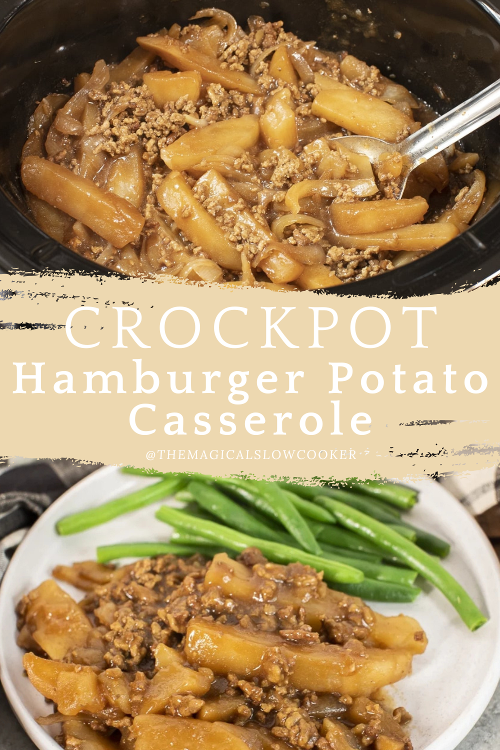 hamburger potato casserole in a slow cooker and on a plate.