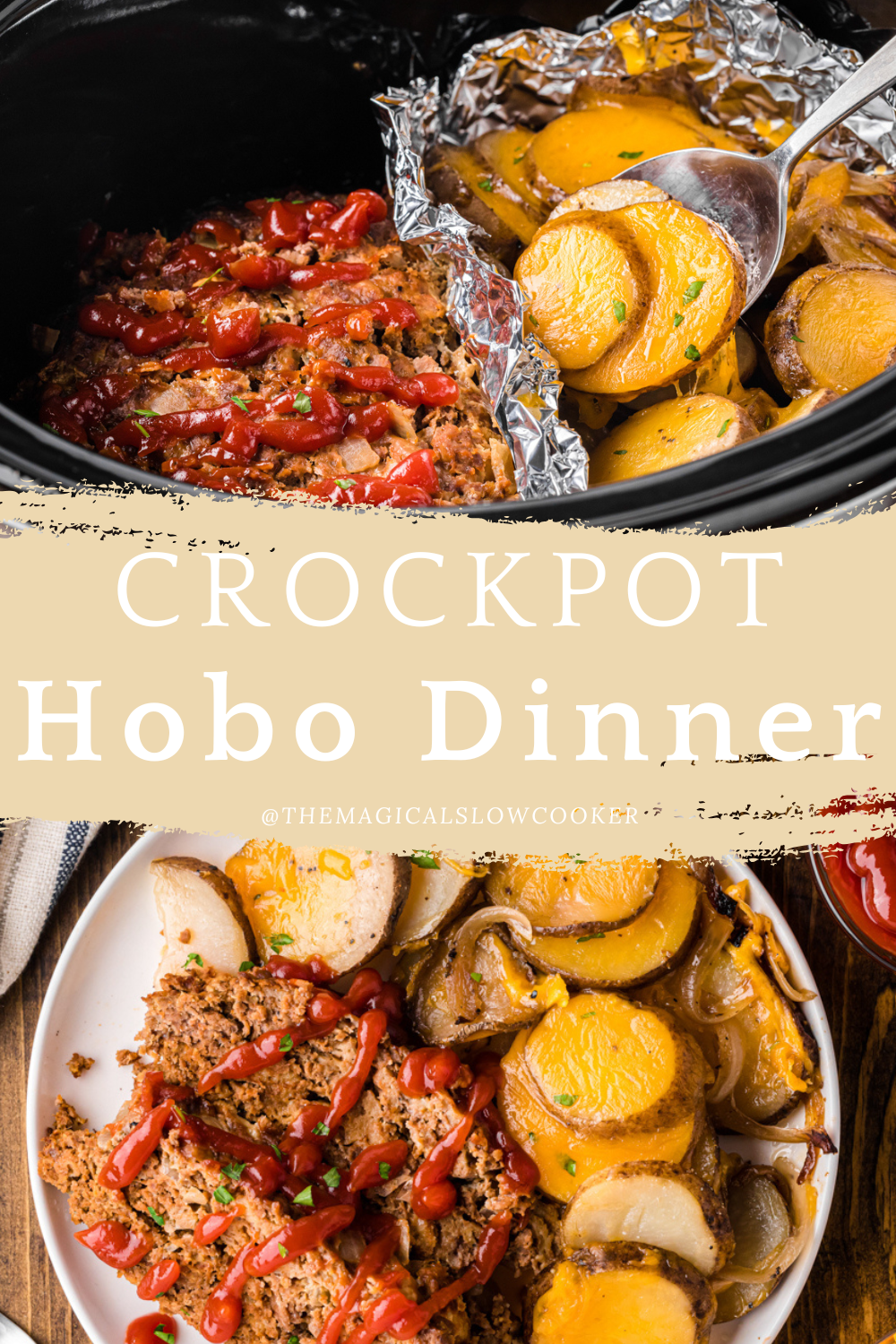 Hobo dinner in a slow cooker and on a plate.