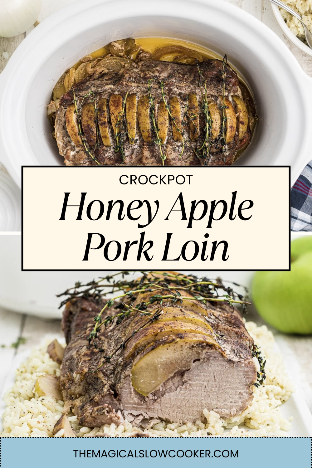 honey apple pork loin in a slow cooker and on a platter.