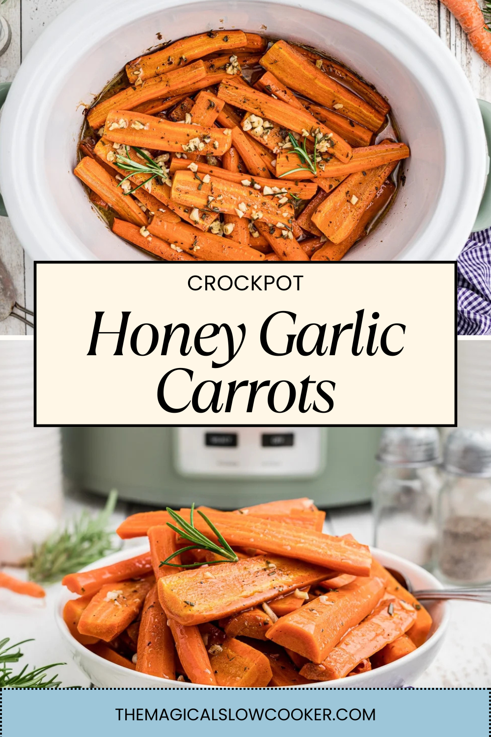 honey garlic carrots in a slow cooker and on a plate.