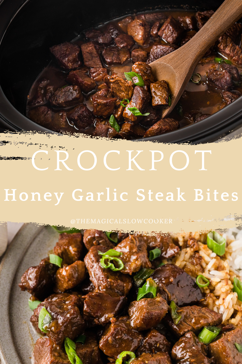 honey garlic steak bites in a slow cooker and on a plate with rice.