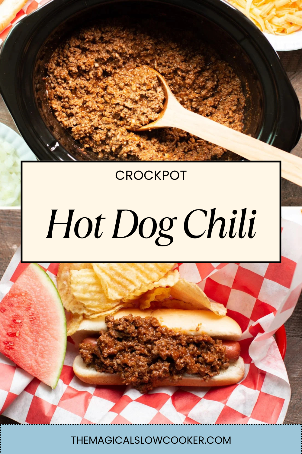 hot dog chili in a slow cooker on in a basket with chips.