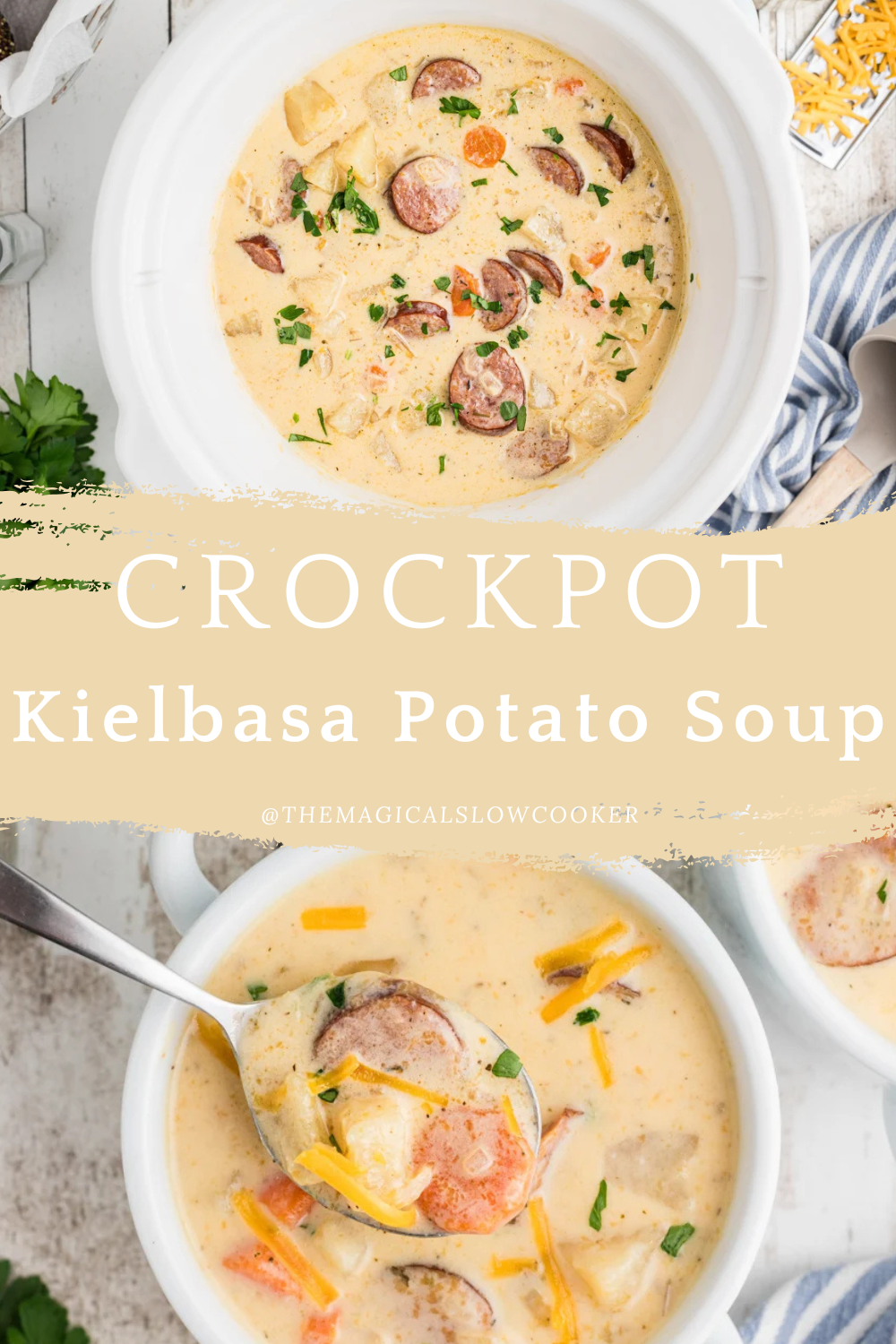 kielbasa potato soup in a slow cooker and in a bowl.