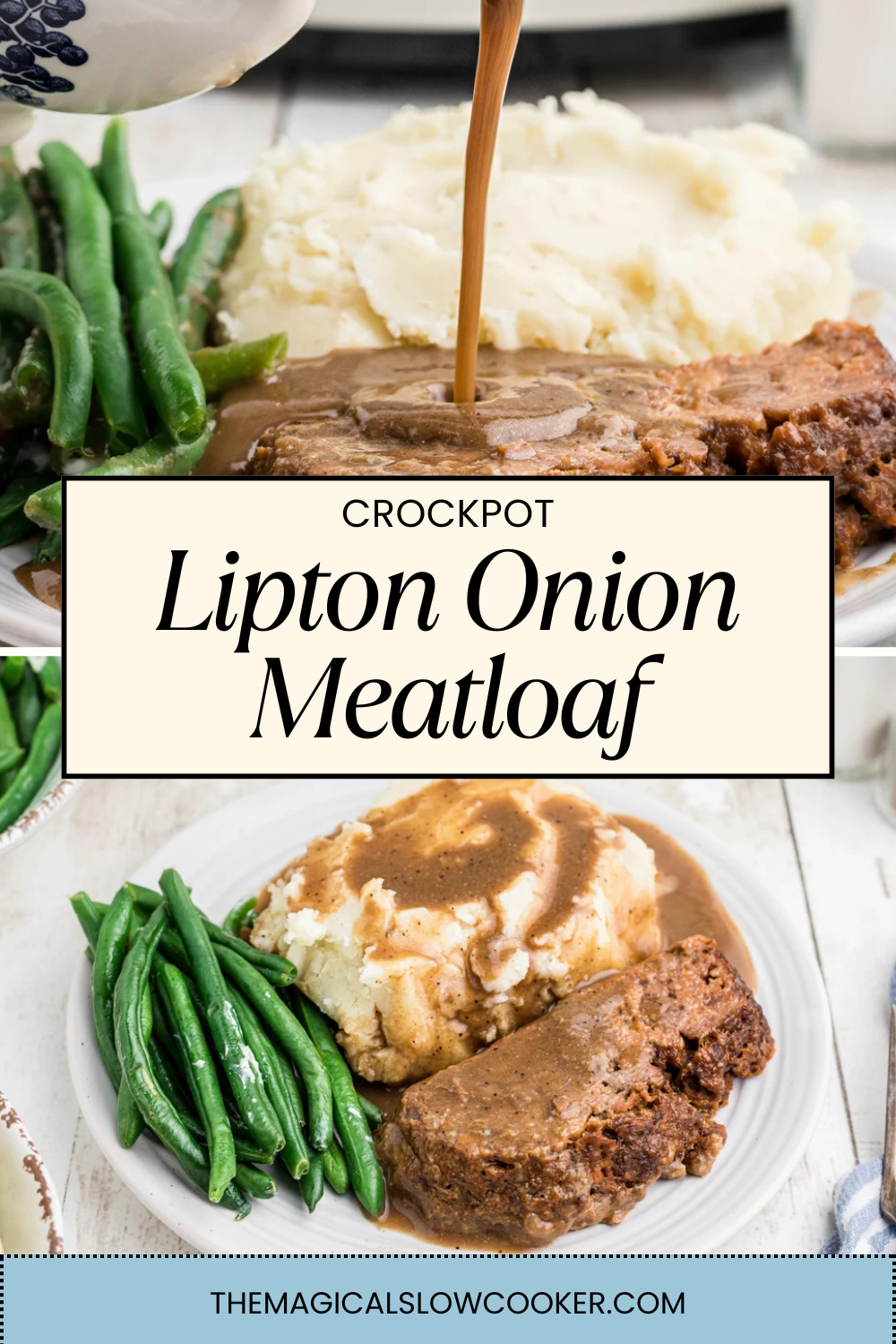 onion meatloaf on a plate with gravy.
