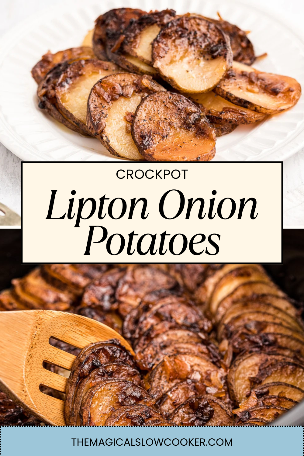 lipton onion potatoes on a plate and in a slow cooker.