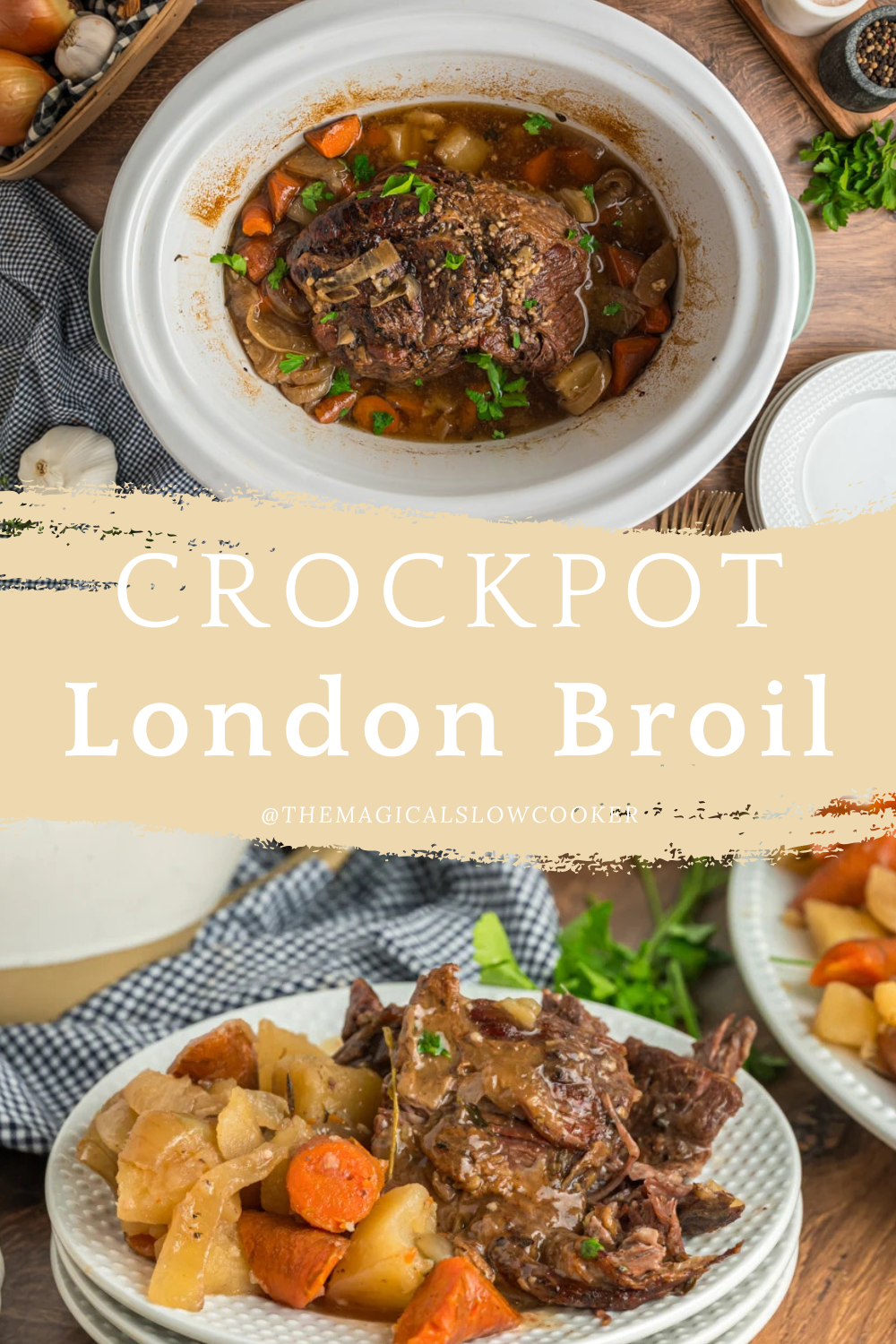 london broil in a slow cooker and on a plate.