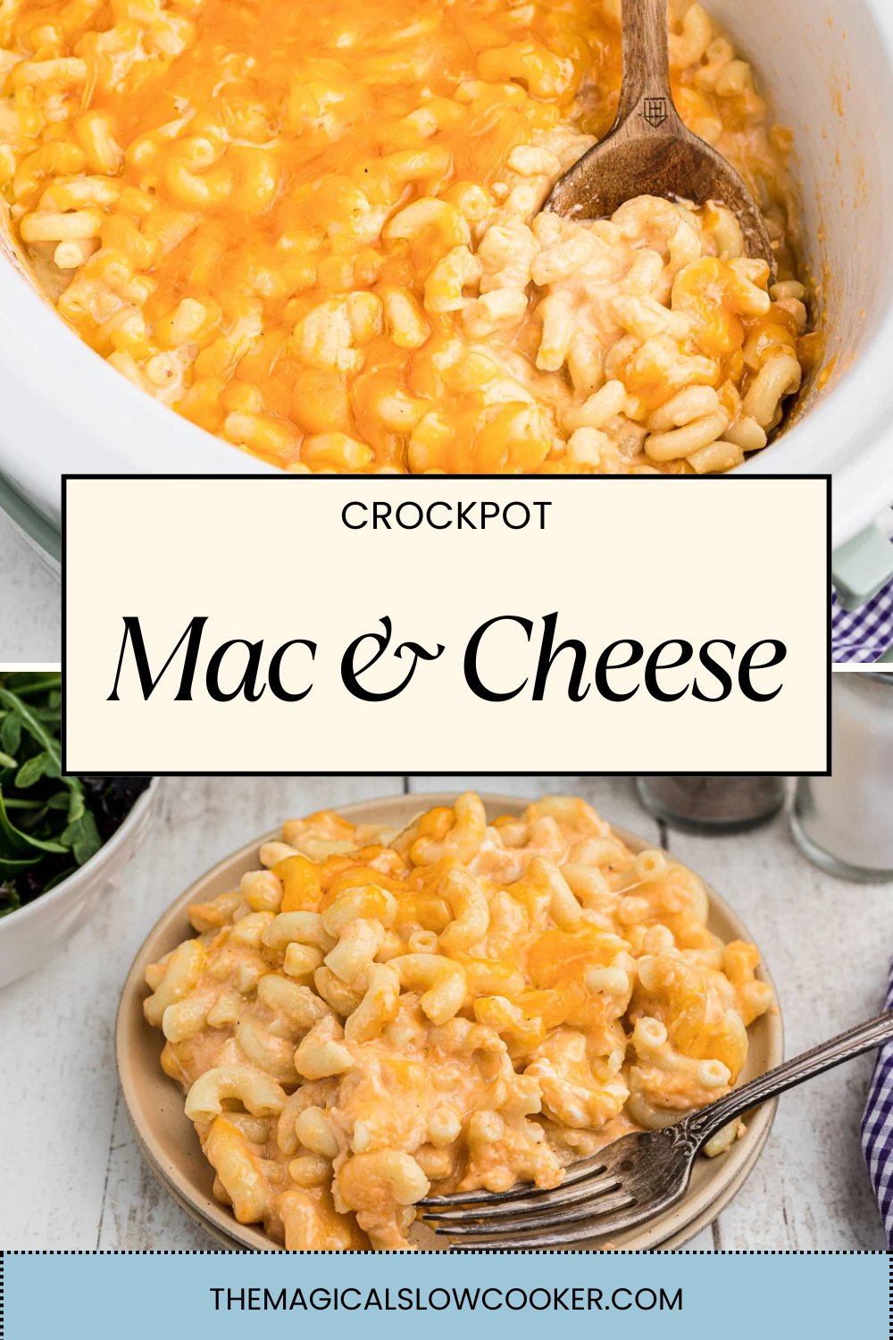 mac and cheese in a slow cooker and on a bowl.