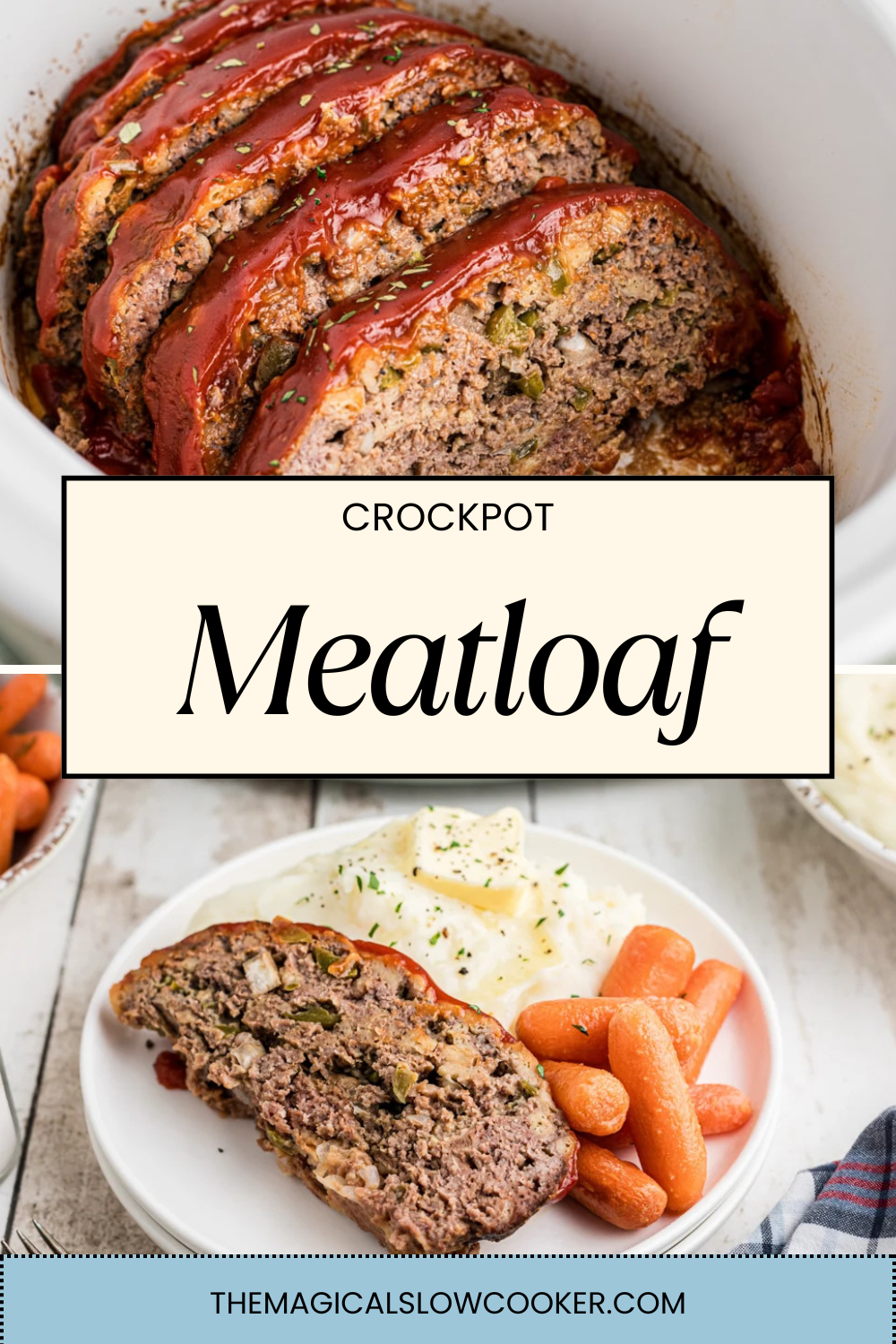 meatloaf in as slow cooker and a plate.