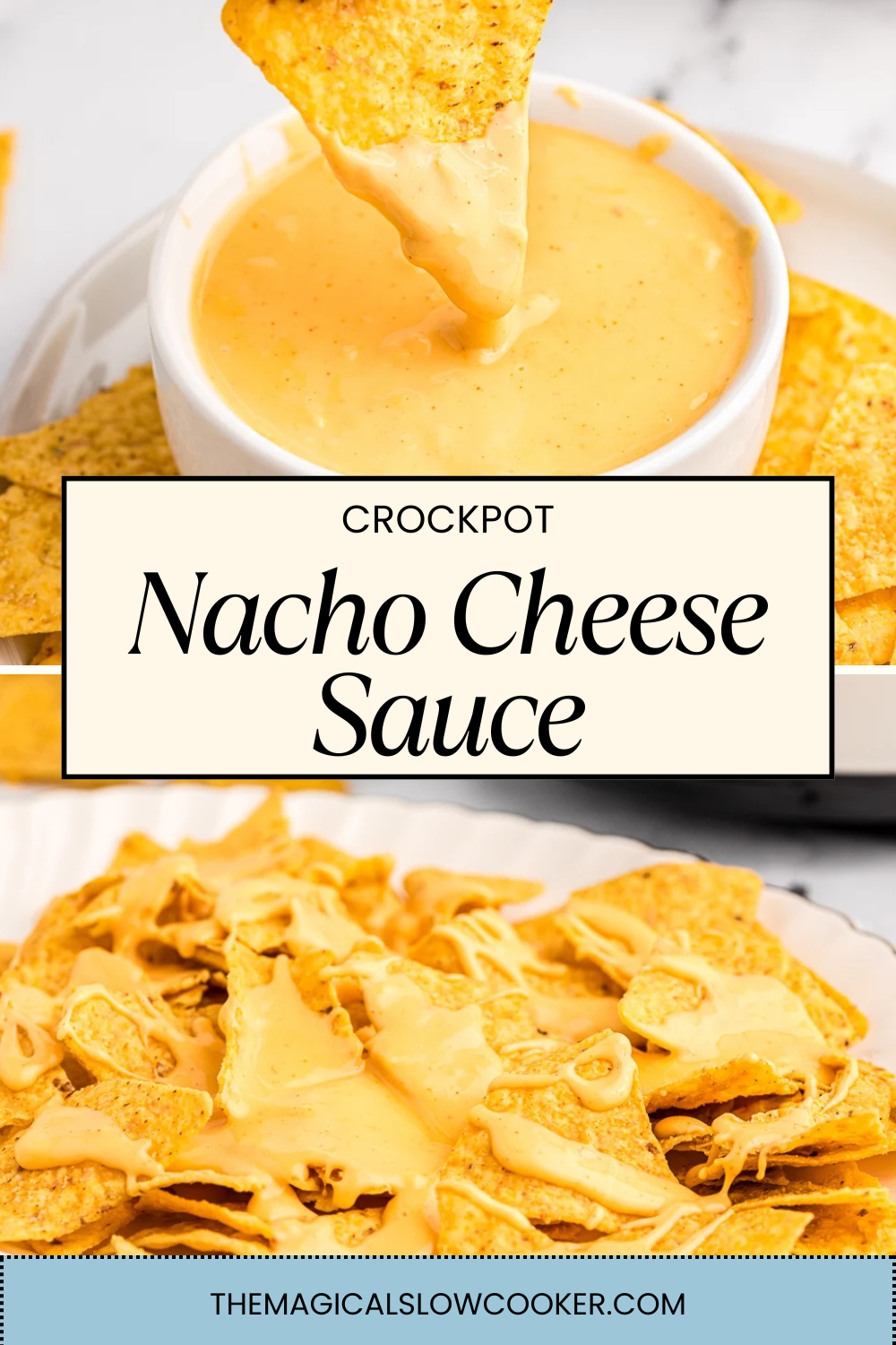nacho cheese in a sauce and on chips.
