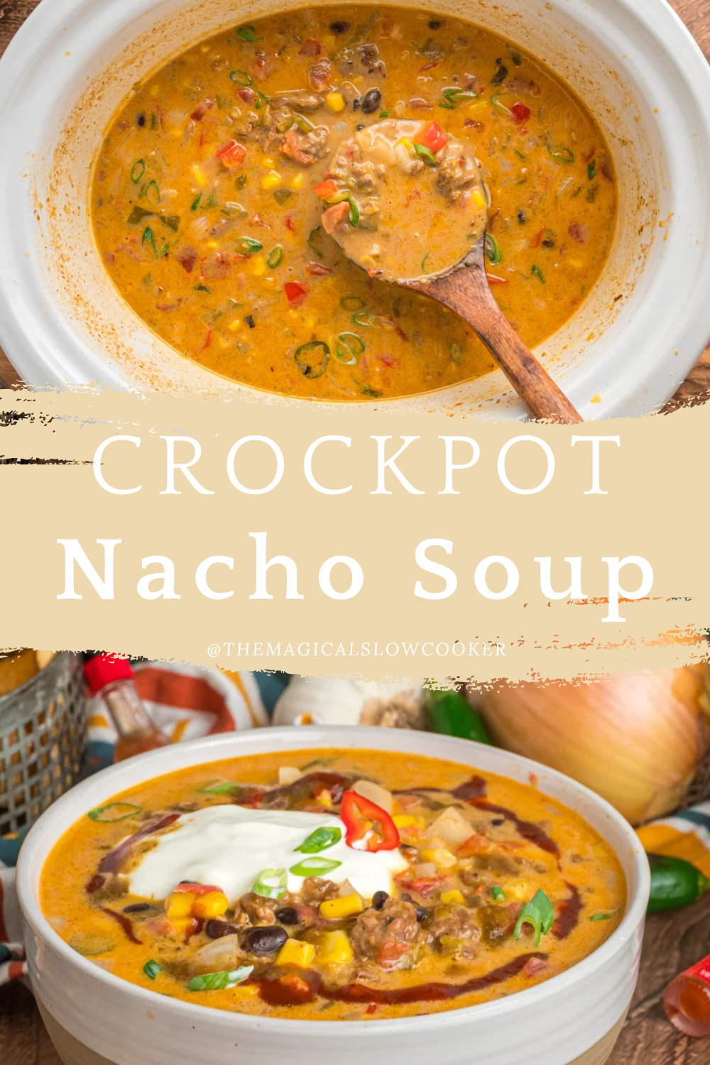 nacho soup in a slow cooker and in a bowl.