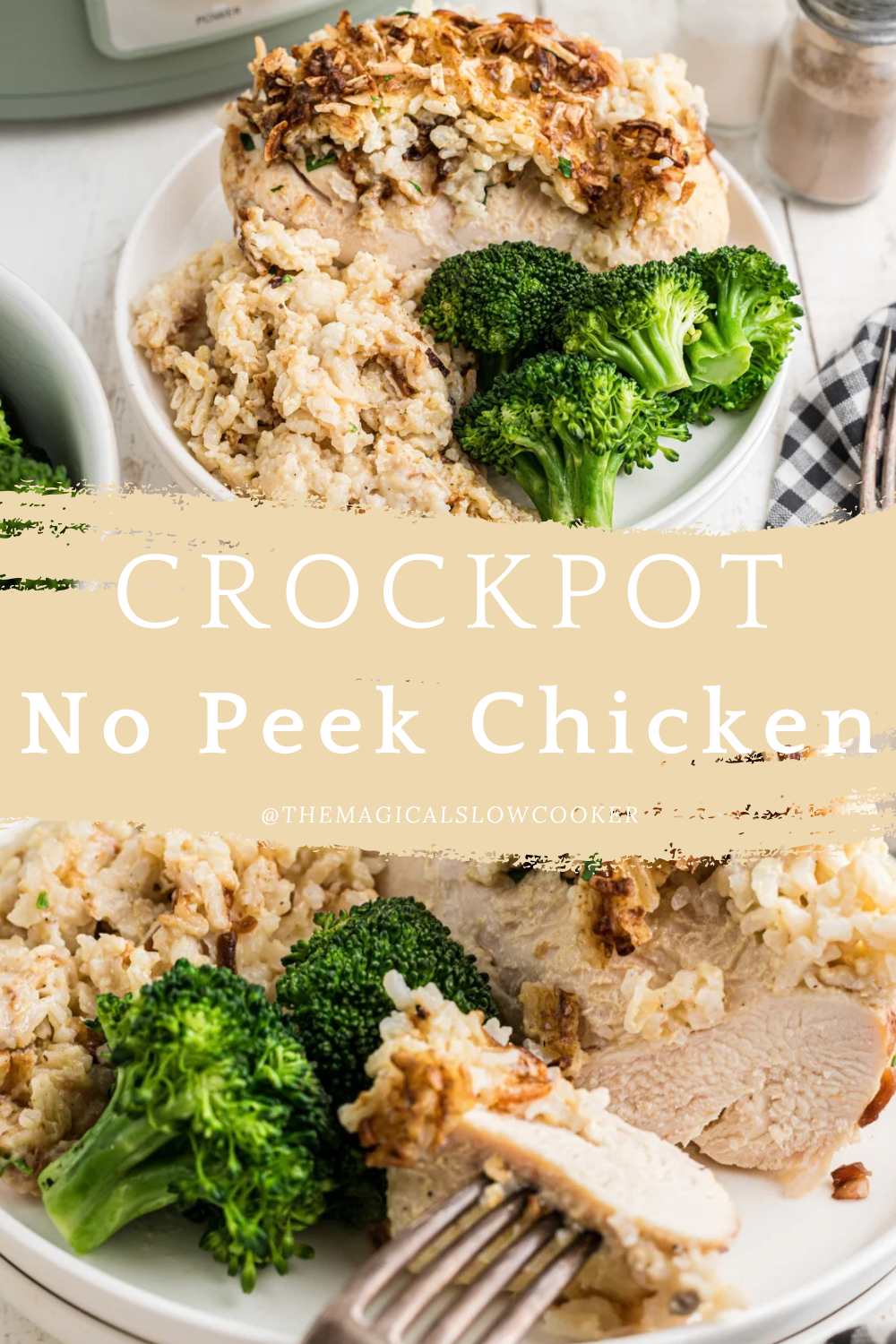 no peek chicken in a slow cooker and on a plate.