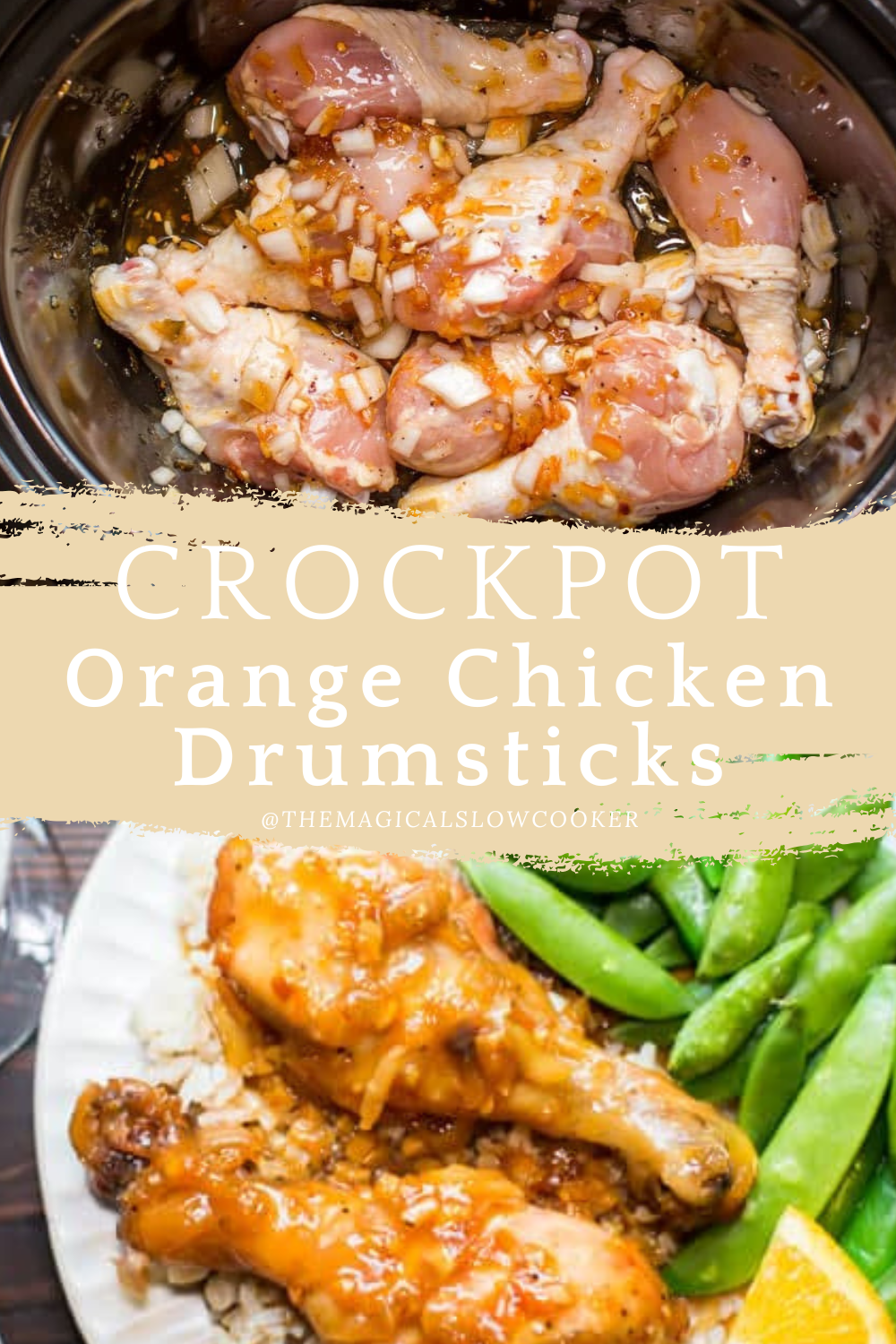 orange drumsticks in a slow cooker and on a plate with rice.