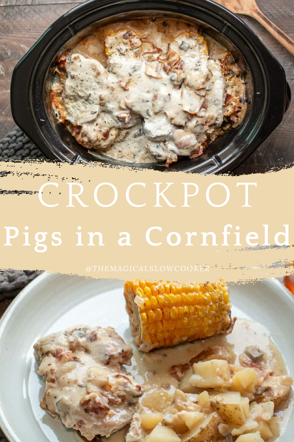 pigs in a cornfield in a slow cooker and a plate.
