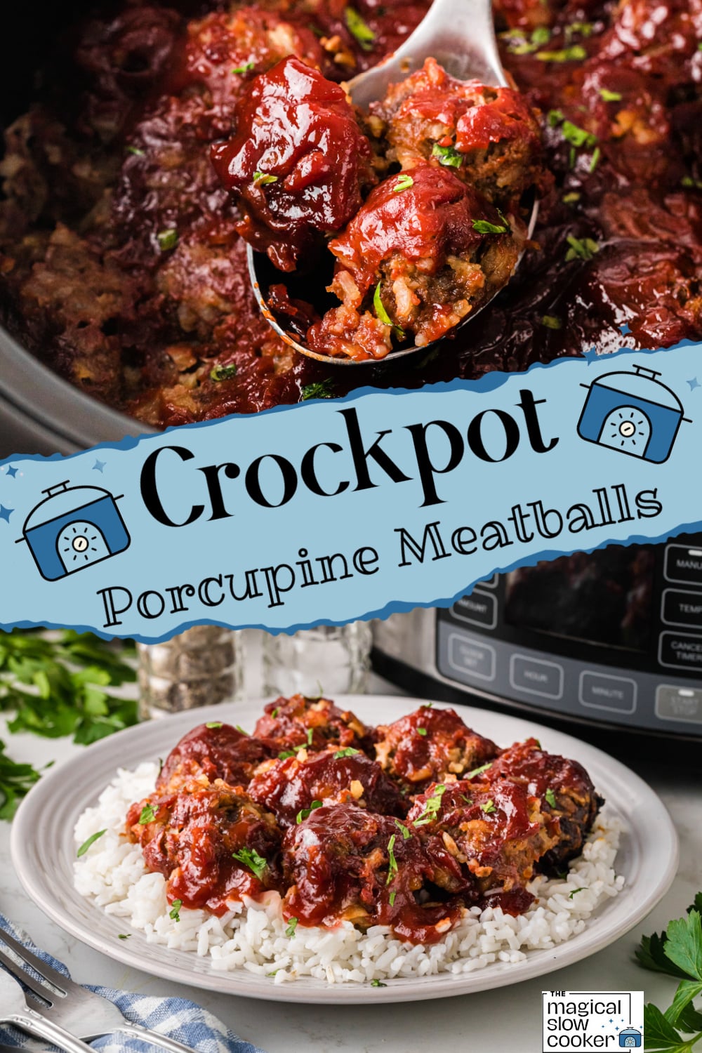 Two images of crockpot porcupine meatballs with title text overlay.