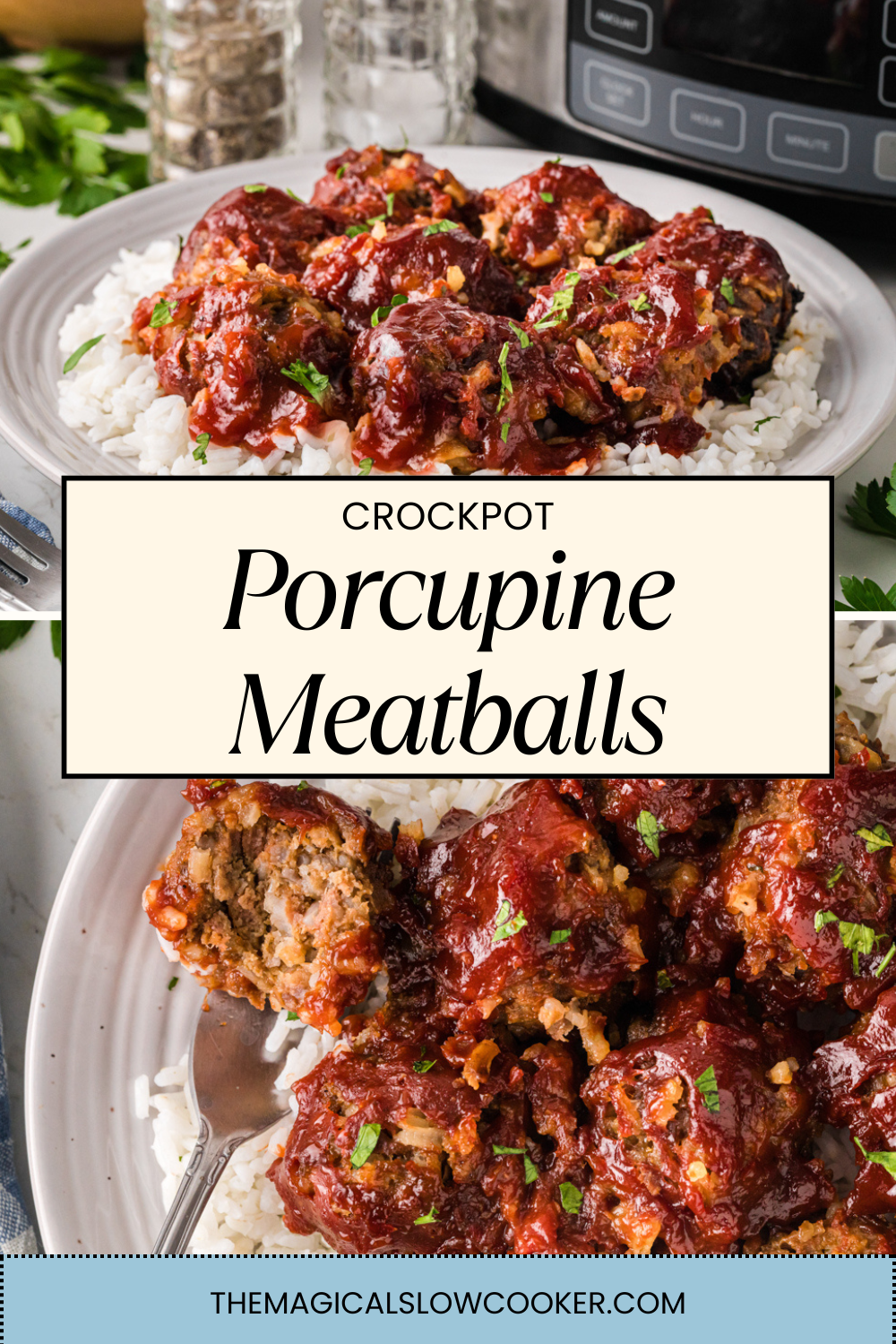 Two images of porcupine meatballs with text overlay.