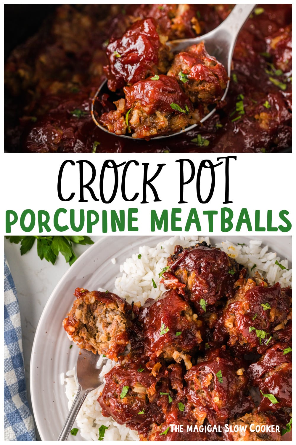 Two images of porcupine meatballs for pinterest.