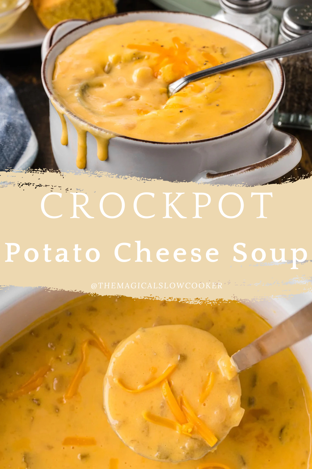 potato cheese soup in a slow cooker and in a bowl.
