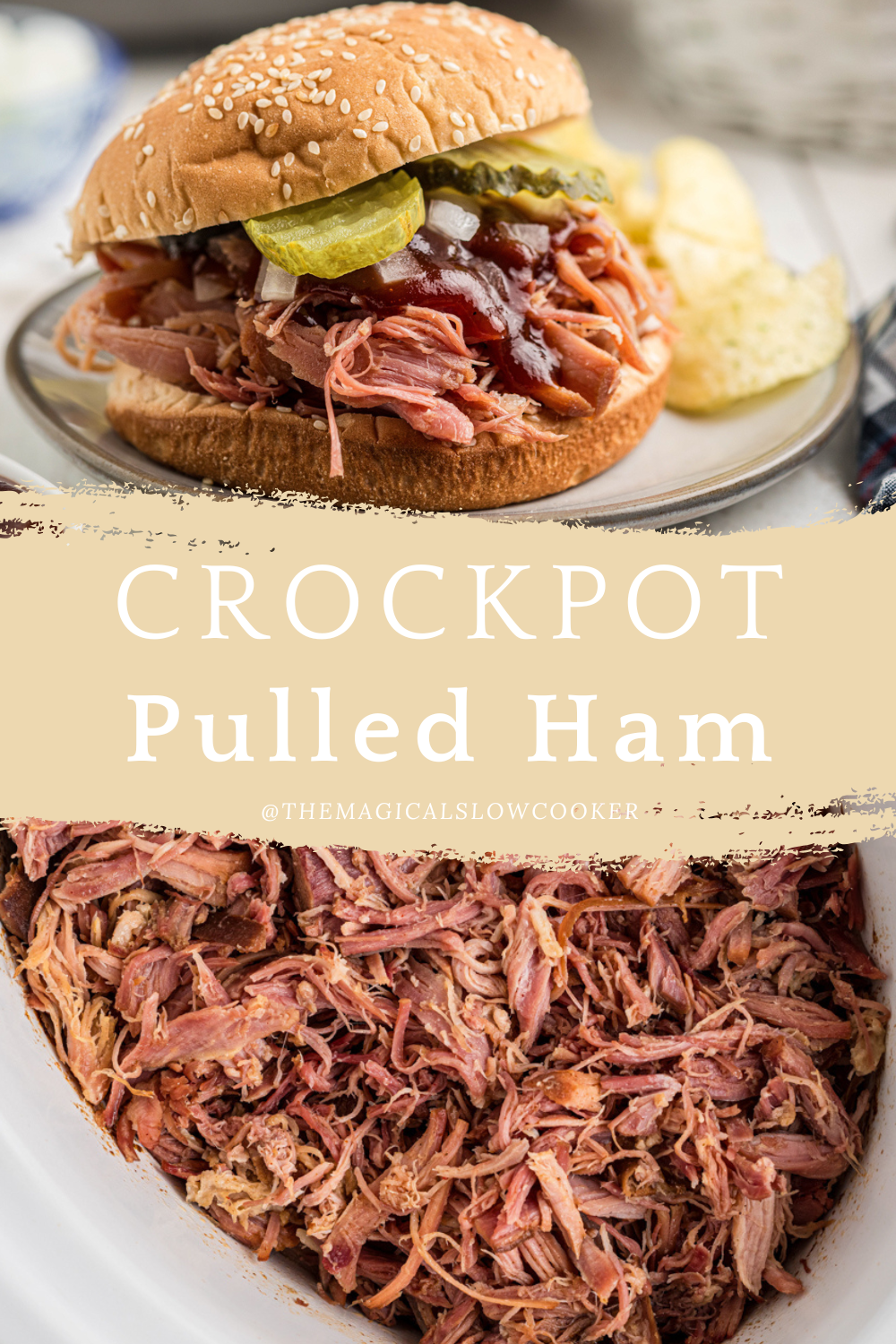pulled ham in a slow cooker and on a bun.
