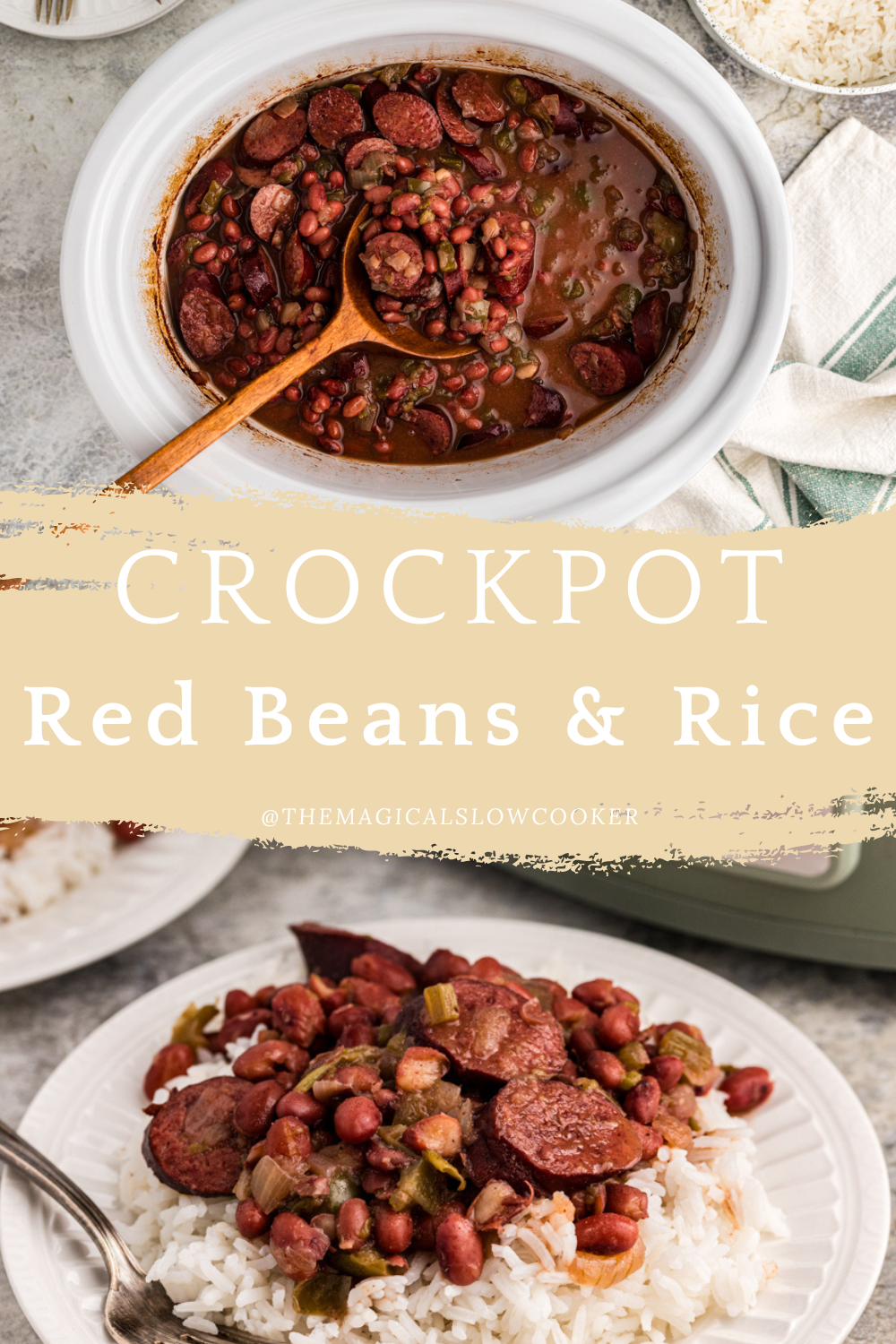 red beans in a slow cooker and on a bed of rice.