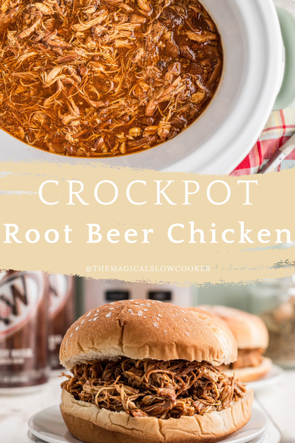 root beer chicken in a slow cooker and on a plate.