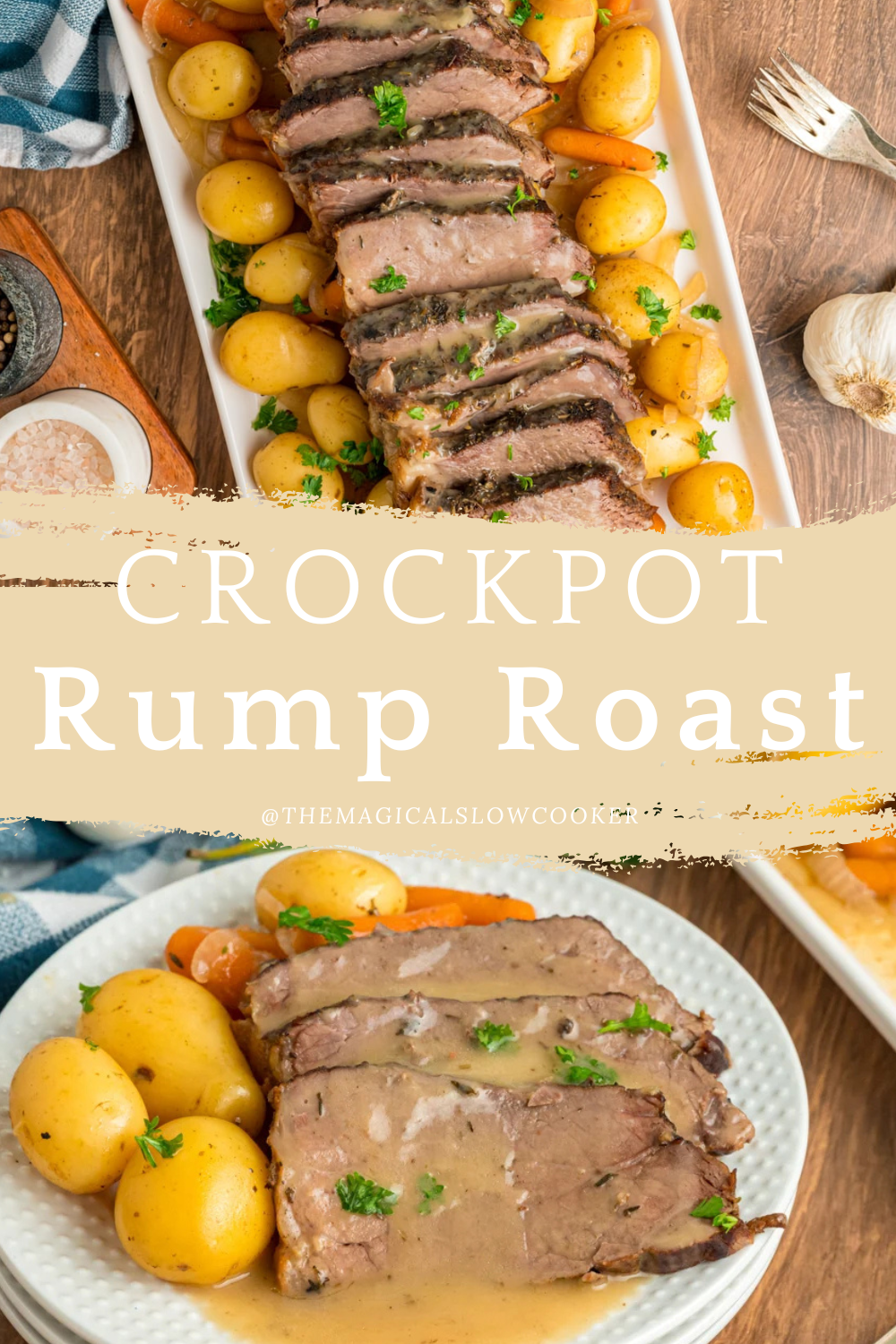 rump roast in a slow cooker on a plate and on a platter.