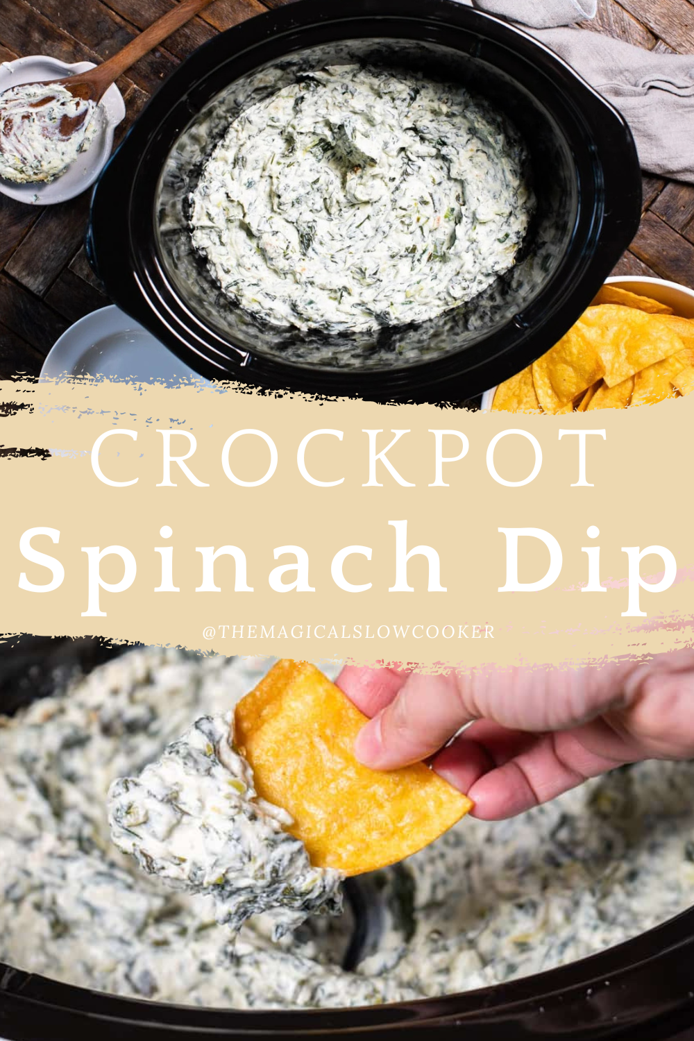 spinach dip in a slow coker and on a chip.