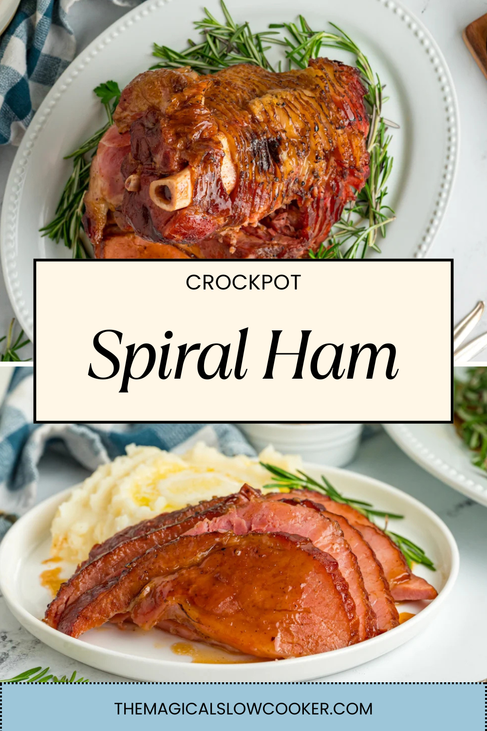 spiral ham on a platter and on a plate.