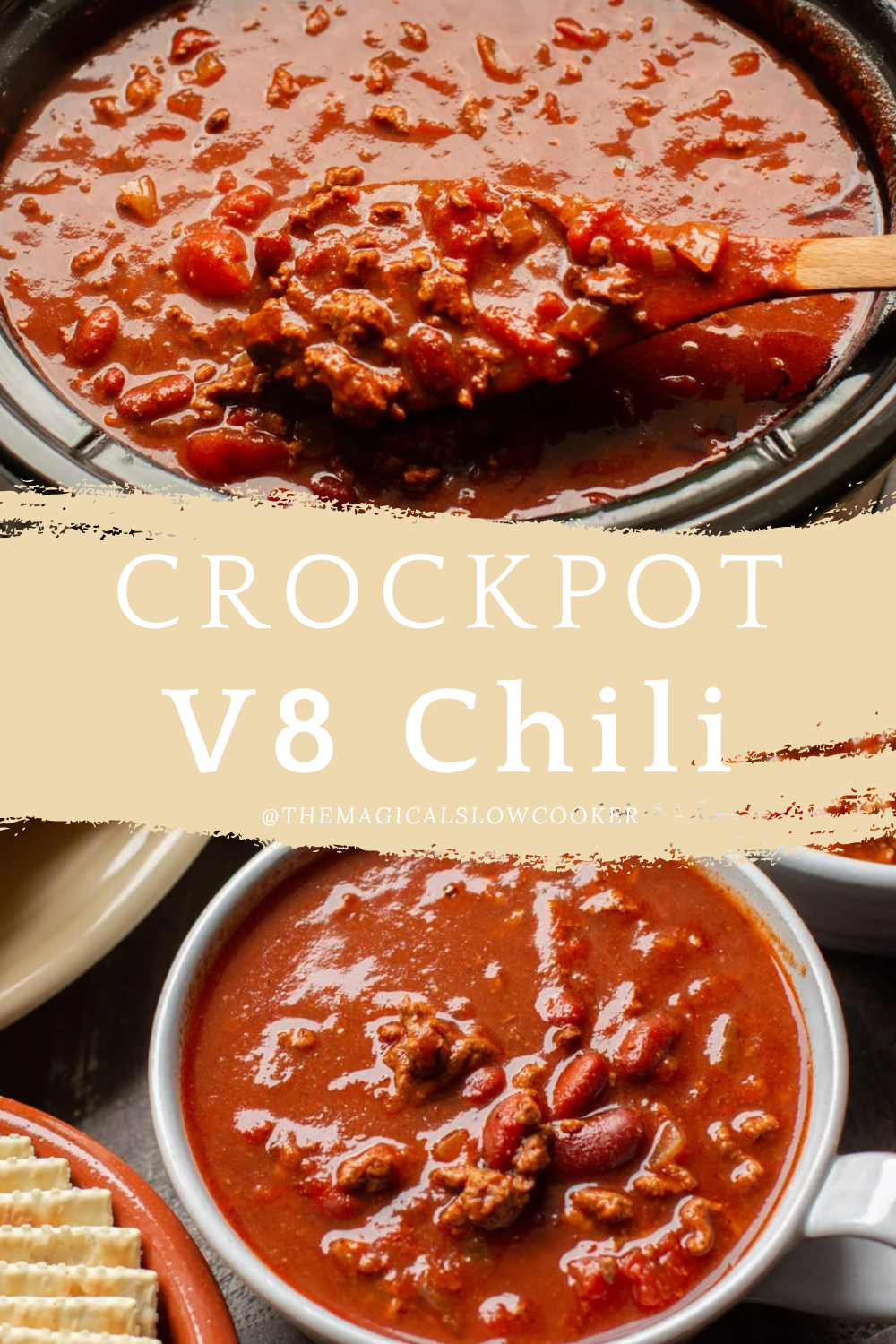 v8 chili in a slow cooker and in a bowl.